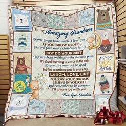 Personalized Bear To My Grandson From Grandma Never Forget How Much I Love You Quilt Blanket Great Customized Gifts For Birthday Christmas Thanksgiving and Home Decor