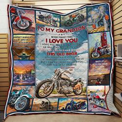 Personalized Biker To My Grandson From Grandpa Never Forget How Much I Love You Quilt Blanket Great Customized Gifts For Birthday Christmas Thanksgiving and Home Decor