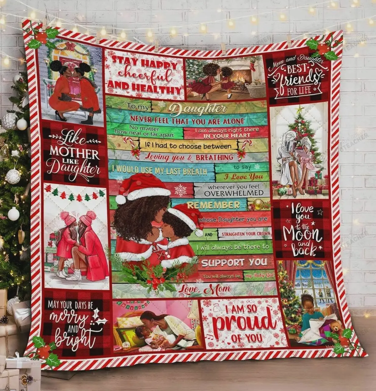Personalized Black Girl Christmas To My Daughter Quilt Blanket From Mom I Will Always Be There To Support You Great Customized Blanket Gifts For Birthday Christmas Thanksgiving and Home Decor