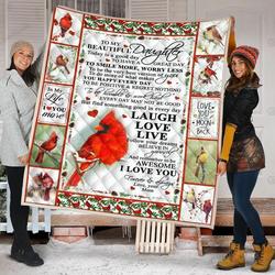 Personalized Cardinal Bird To My Daughter Quilt Blanket From Mom Smile More Worry Less Great Customized Blanket Gifts For Birthday Christmas Thanksgiving and Home Decor