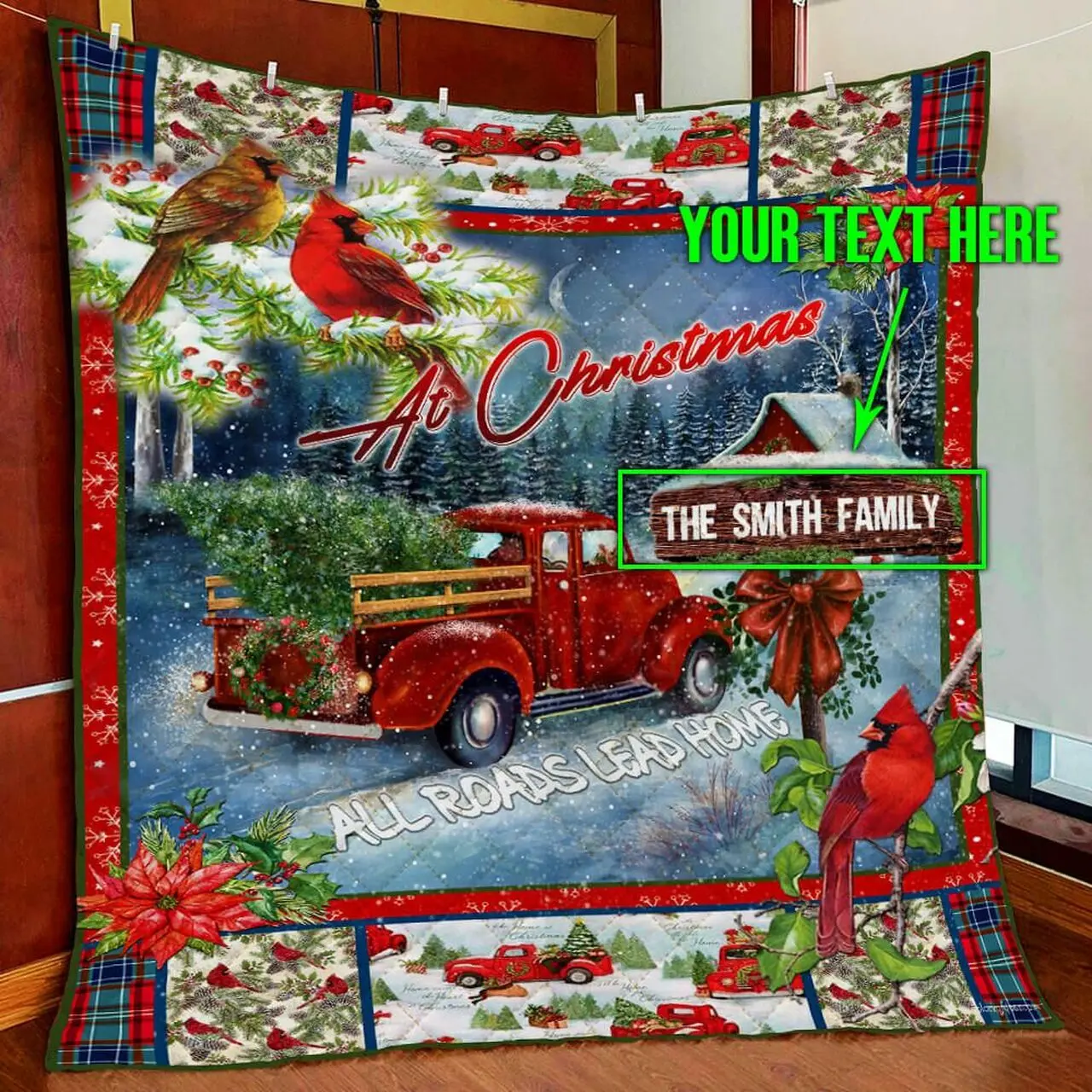 Personalized Christmas Red Truck Custom Name Quilt Blanket Pn48Qctv1 and Home Decor