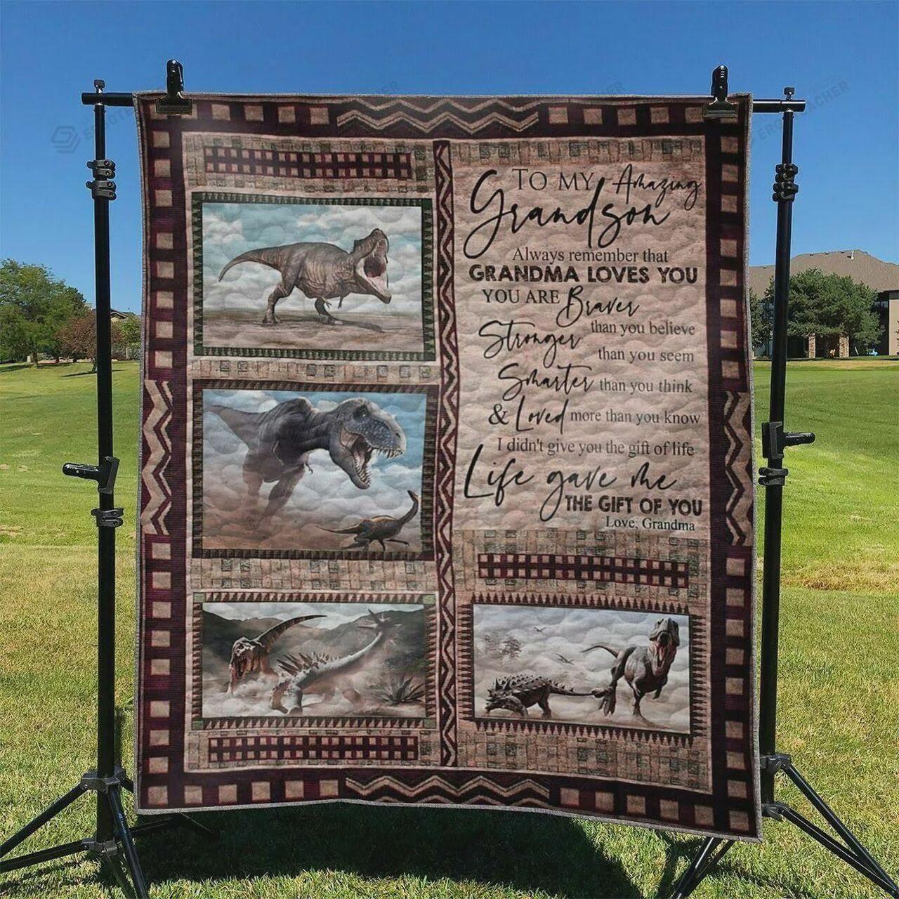 Personalized Dinosaur To My Grandson From Grandma You Are Braver Quilt Blanket Great Customized Gifts For Birthday Christmas Thanksgiving and Home Decor