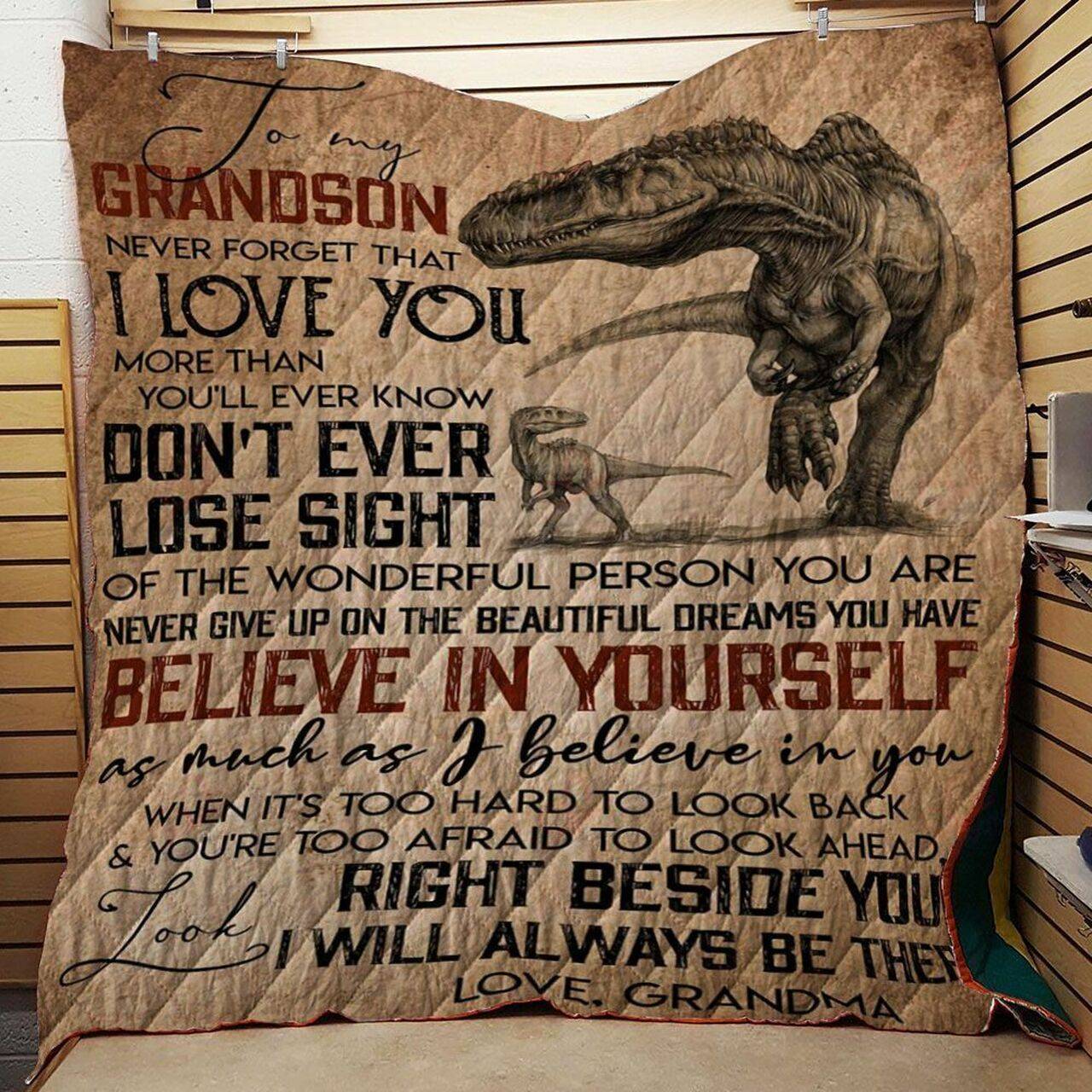 Personalized Dinosaur To My Grandson Quilt Blanket From Grandma I Will Always Be There Great Customized Blanket Gifts For Birthday Christmas Thanksgiving and Home Decor