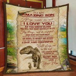 Personalized Dinosaur To My Son From Mom Remember How Much I Love You Quilt Blanket Great Customized Gifts For Birthday Christmas Thanksgiving and Home Decor
