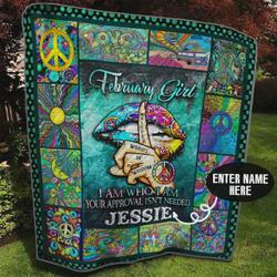 Personalized February Hippie Girl Quilt Blanket Great Customized Blanket Gifts For Birthday Christmas Thanksgiving and Home Decor