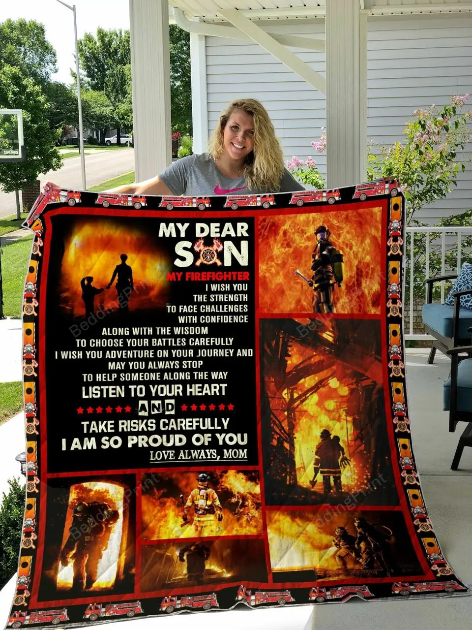 Personalized Firefighter My Dear Son From Mom I Wish You The Strength Quilt Blanket Great Customized Gifts For Birthday Christmas Thanksgiving Perfect Gifts For Firefighter Lover and Home Decor