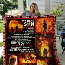 Personalized Firefighter My Dear Son From Mom I Wish You The Strength Quilt Blanket Great Customized Gifts For Birthday Christmas Thanksgiving Perfect Gifts For Firefighter Lover and Home Decor