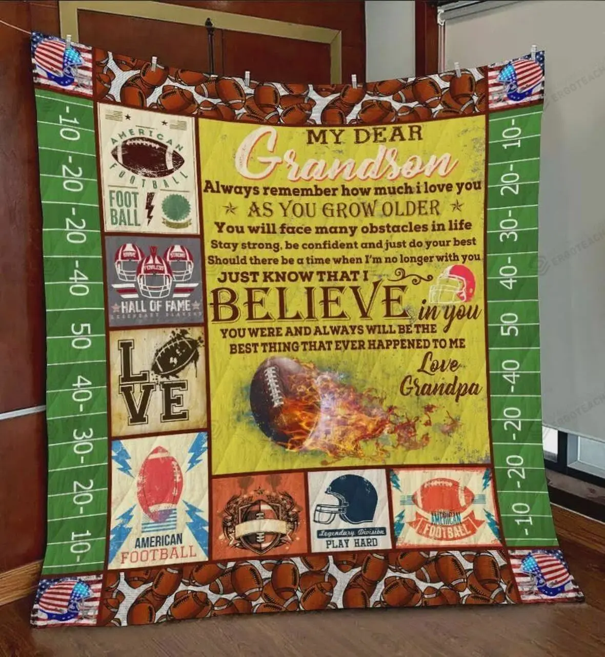Personalized Football To My Dear Grandson Quilt Blanket Just Know That I Believe In You Great Customized Blanket Gifts For Birthday Christmas Thanksgiving and Home Decor