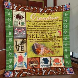 Personalized Football To My Dear Grandson Quilt Blanket Just Know That I Believe In You Great Customized Blanket Gifts For Birthday Christmas Thanksgiving and Home Decor