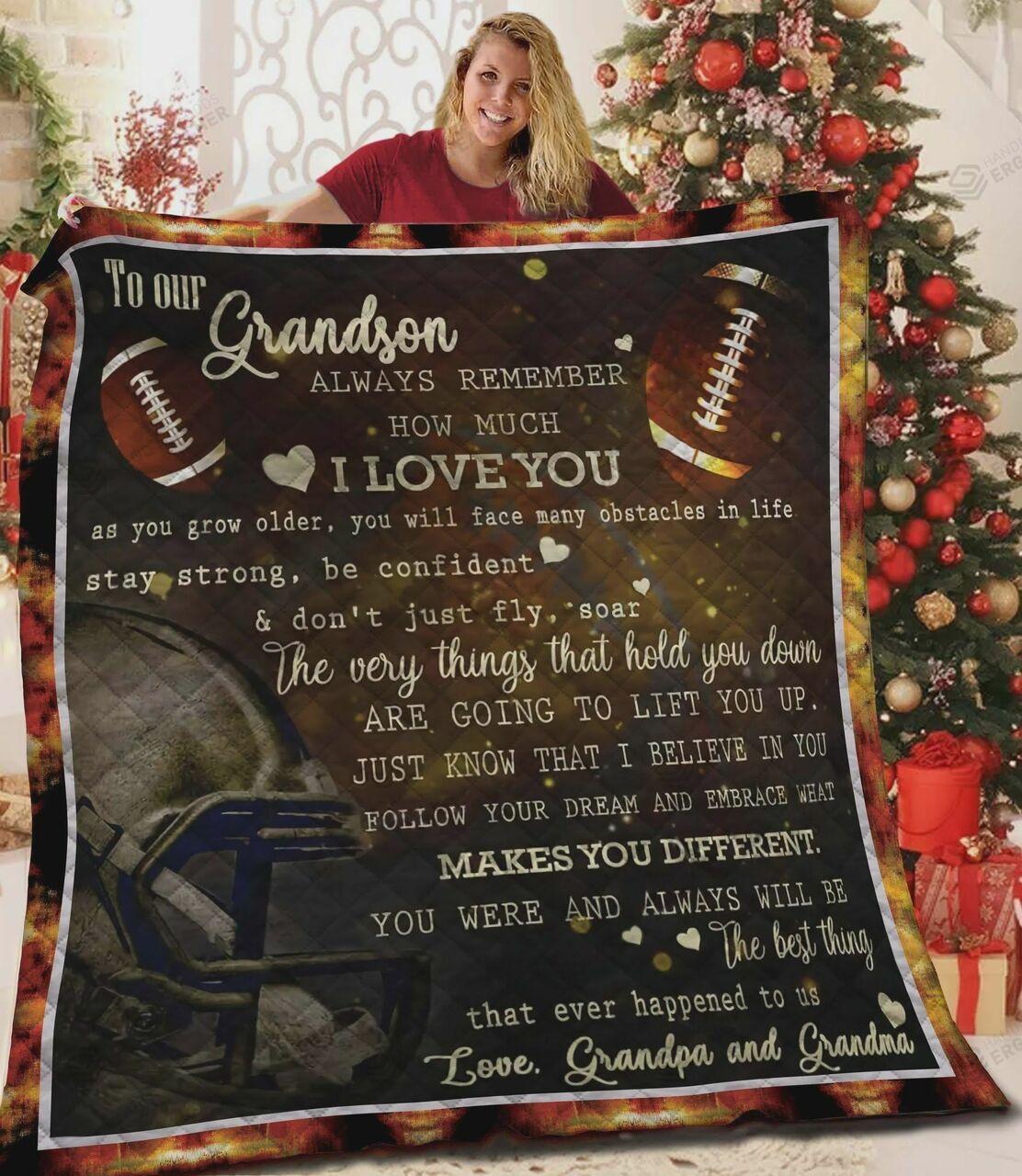 Personalized Football To My Grandson Quilt Blanket From Grandpa And Grandma Everything Hold You Down Are Gonna Lift You Up Great Customized Blanket Gifts For Birthday Christmas Thanksgiving and Home Decor