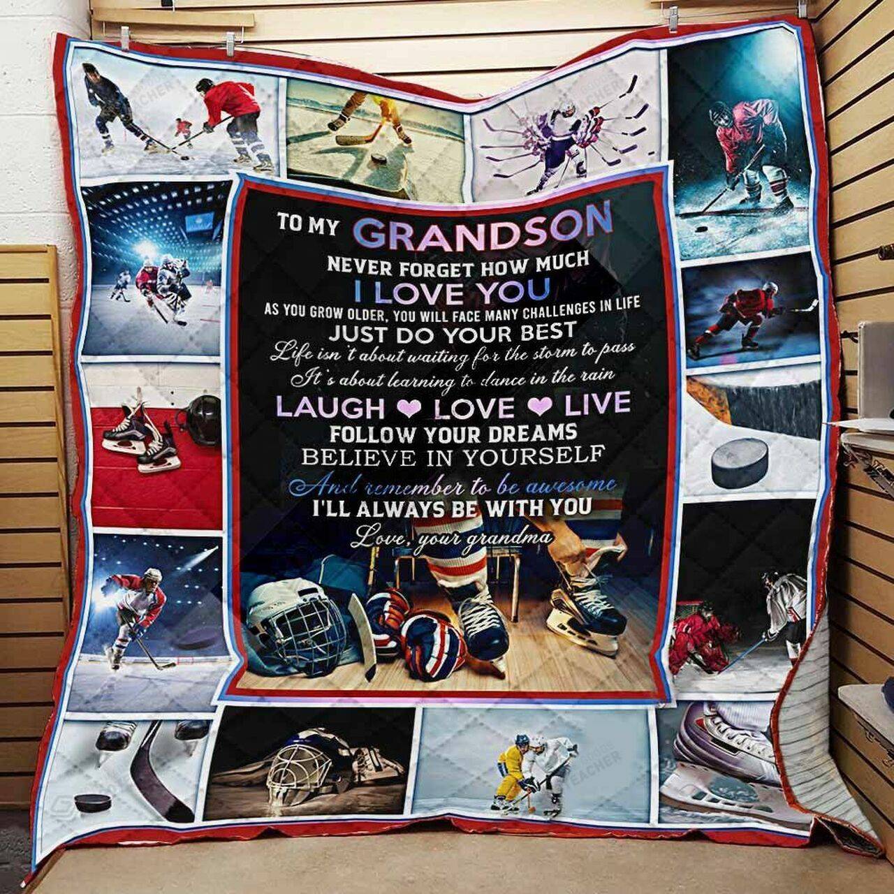 Personalized Ice Hockey To My Grandson From Grandma Never Forget How Much I Love You Quilt Blanket Great Customized Gifts For Birthday Christmas Thanksgiving and Home Decor