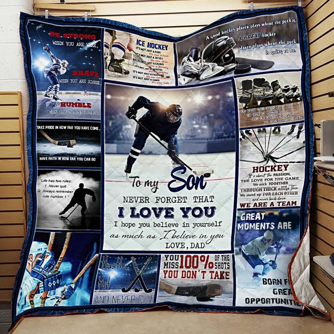 Personalized Ice Hockey To My Son From Dad Never Forget That I Love You Quilt Blanket Great Customized Gifts For Birthday Christmas Thanksgiving and Home Decor