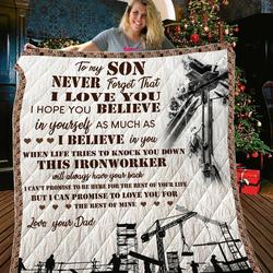 Personalized Ironworker To My Son Quilt Blanket From Dad I Can Promise To Love You For The Rest Of Mine Great Customized Blanket Gifts For Birthday Christmas Thanksgiving and Home Decor