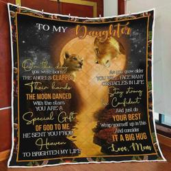 Personalized Lion Family To My Daughter Quilt Blanket From Mom On The Day You Were Born The Angle Clapped Great Customized Blanket Gifts For Birthday Christmas Thanksgiving and Home Decor