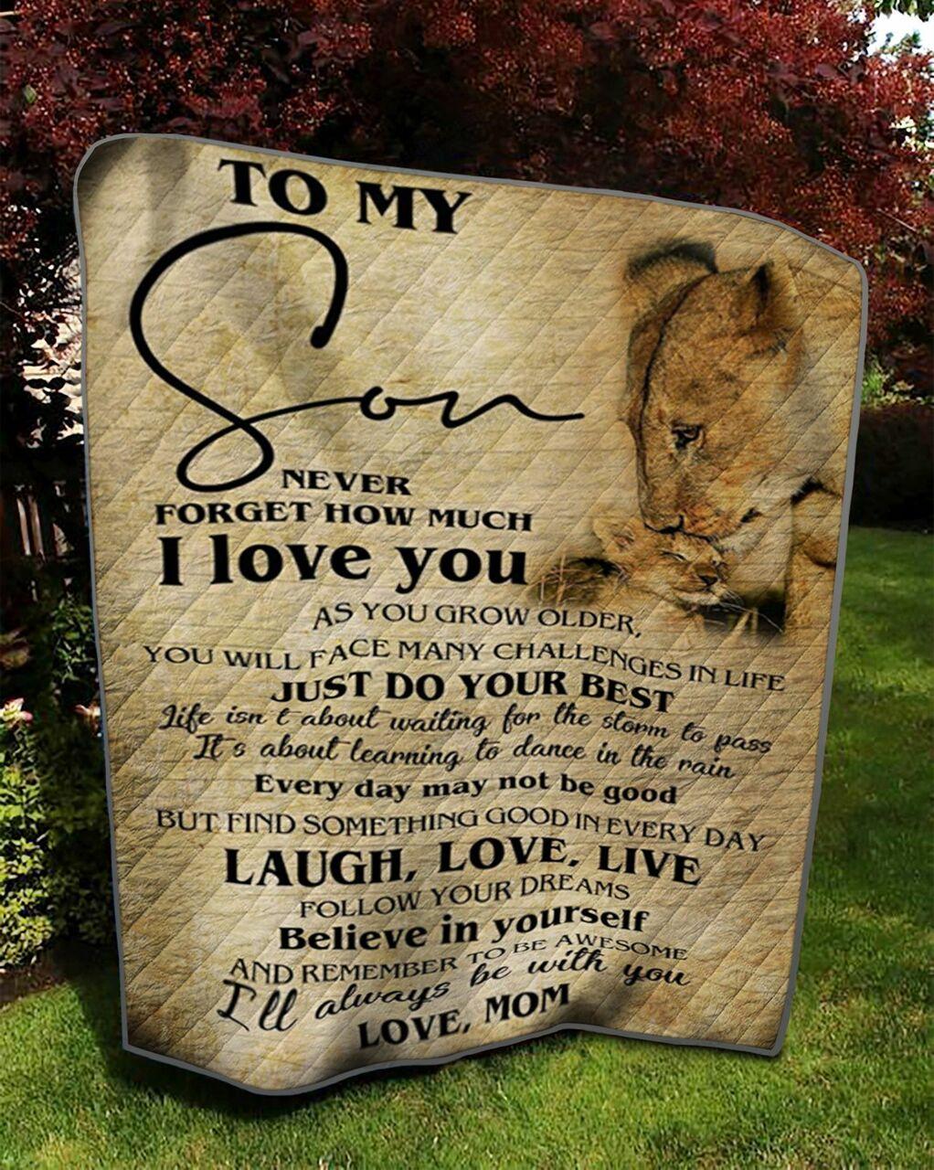 Personalized Lion To My Son From Mom Never Forget How Much I Love You Quilt Blanket Great Customized Gifts For Birthday Christmas Thanksgiving and Home Decor
