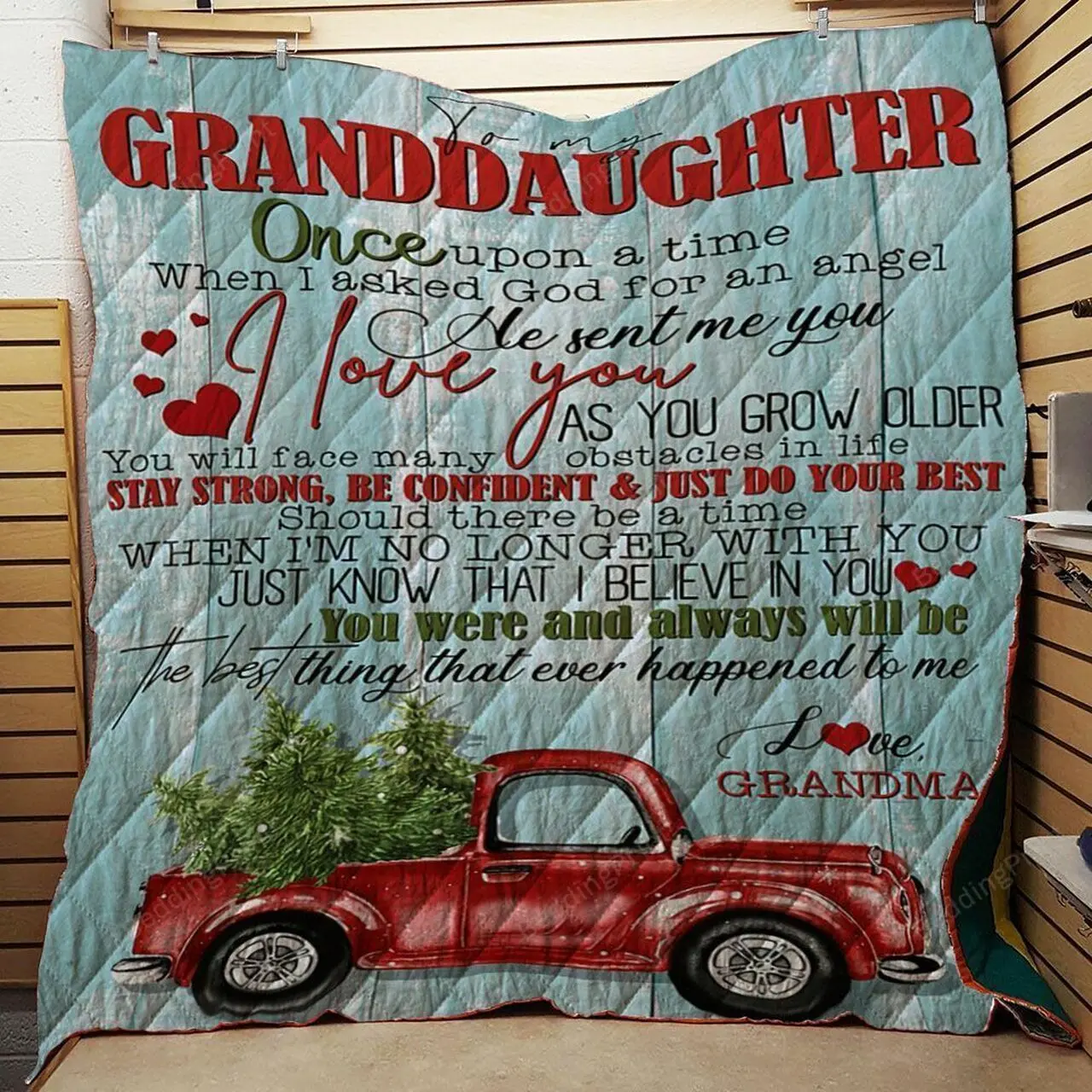 Personalized Red Truck Christmas To My Granddaughter From Grandma Once Upon A Time Quilt Blanket Great Customized Gifts For Birthday Christmas Thanksgiving and Home Decor
