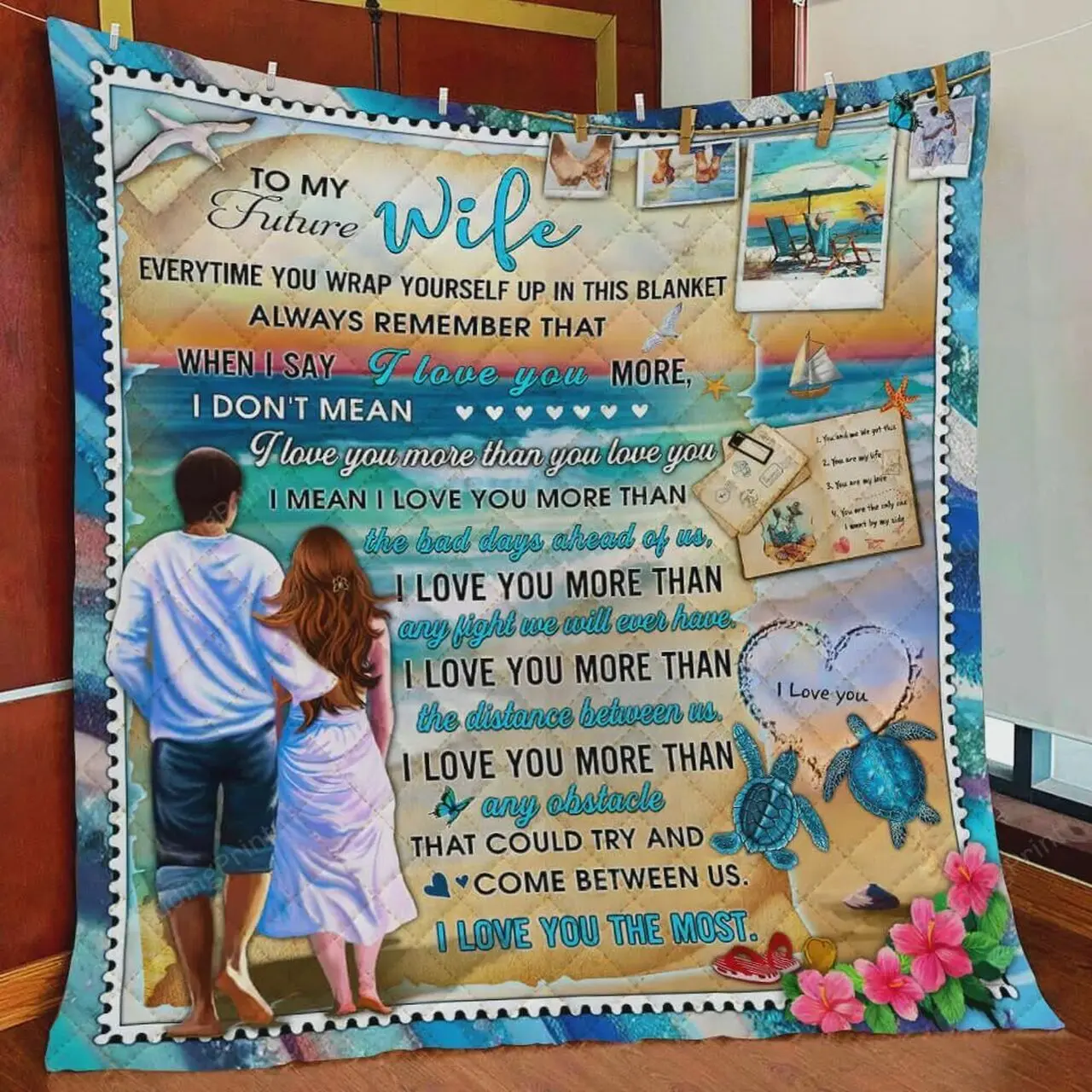 Personalized Sea Turtle To My Future Wife Quilt Blanket I Love You The Most Great Customized Blanket Gifts For Birthday Christmas Thanksgiving and Home Decor