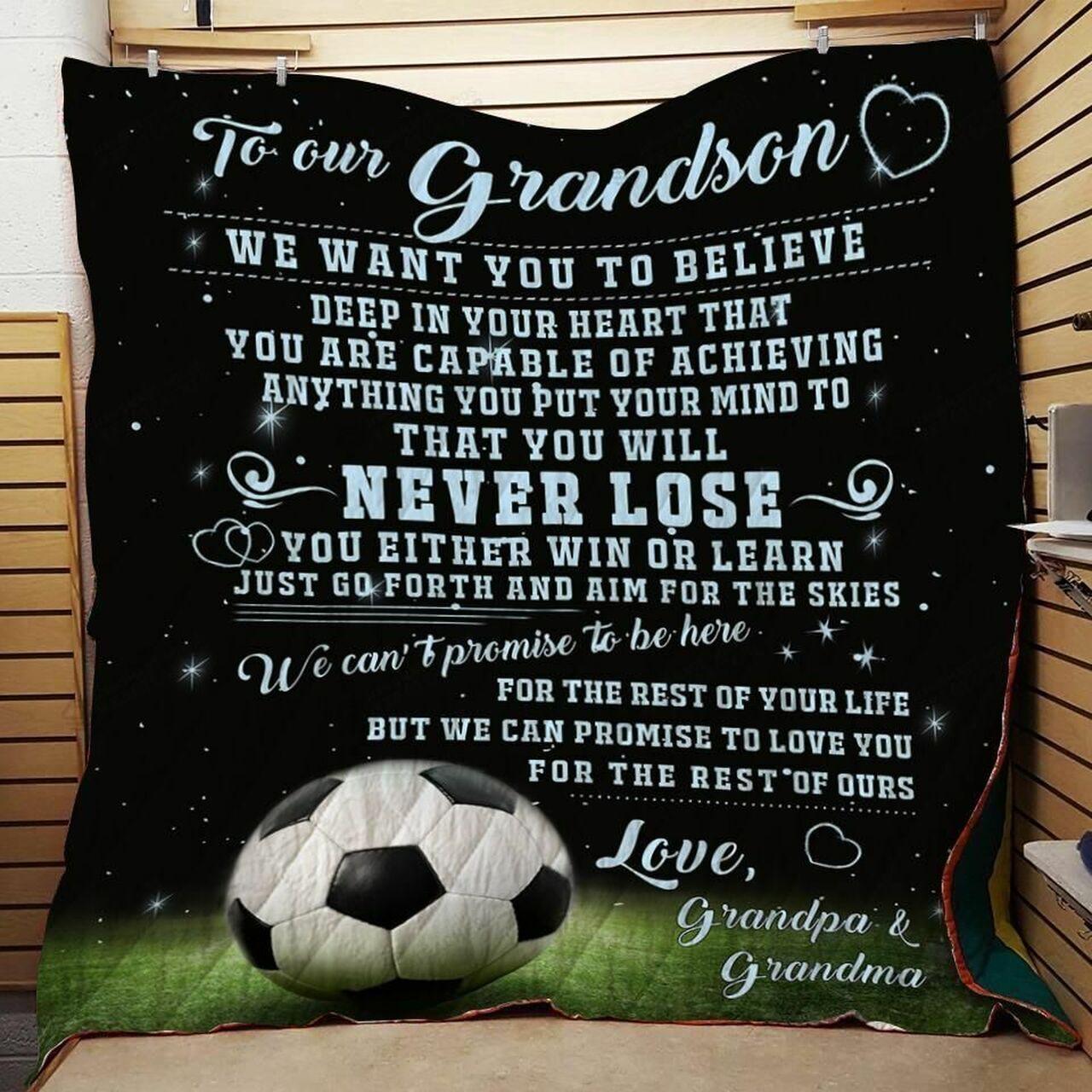 Personalized Soccer To My Grandson From Grandma Grandpa We Want You To Believe Quilt Blanket Great Customized Gifts For Birthday Christmas Thanksgiving and Home Decor