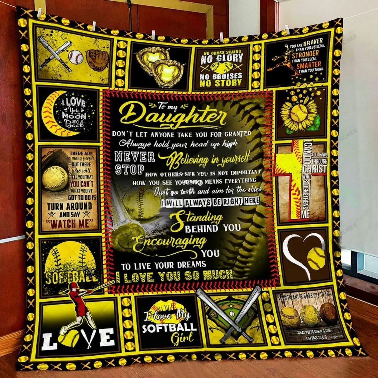 Personalized Softball To My Daughter Quilt Blanket I Love You So Much Great Customized Blanket Gifts For Birthday Christmas Thanksgiving and Home Decor