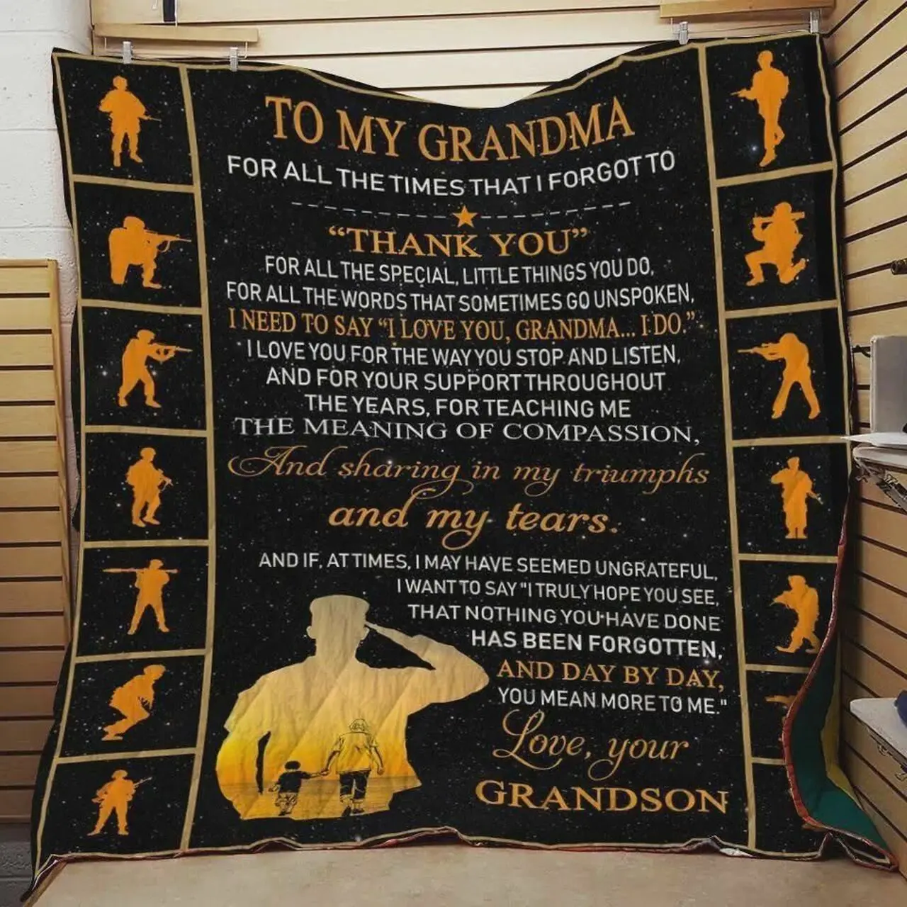 Personalized Soldier To My Grandma Quilt Blanket From Grandson Day By Day You Mean More To Me Great Customized Blanket Gifts For Birthday Christmas Thanksgiving and Home Decor