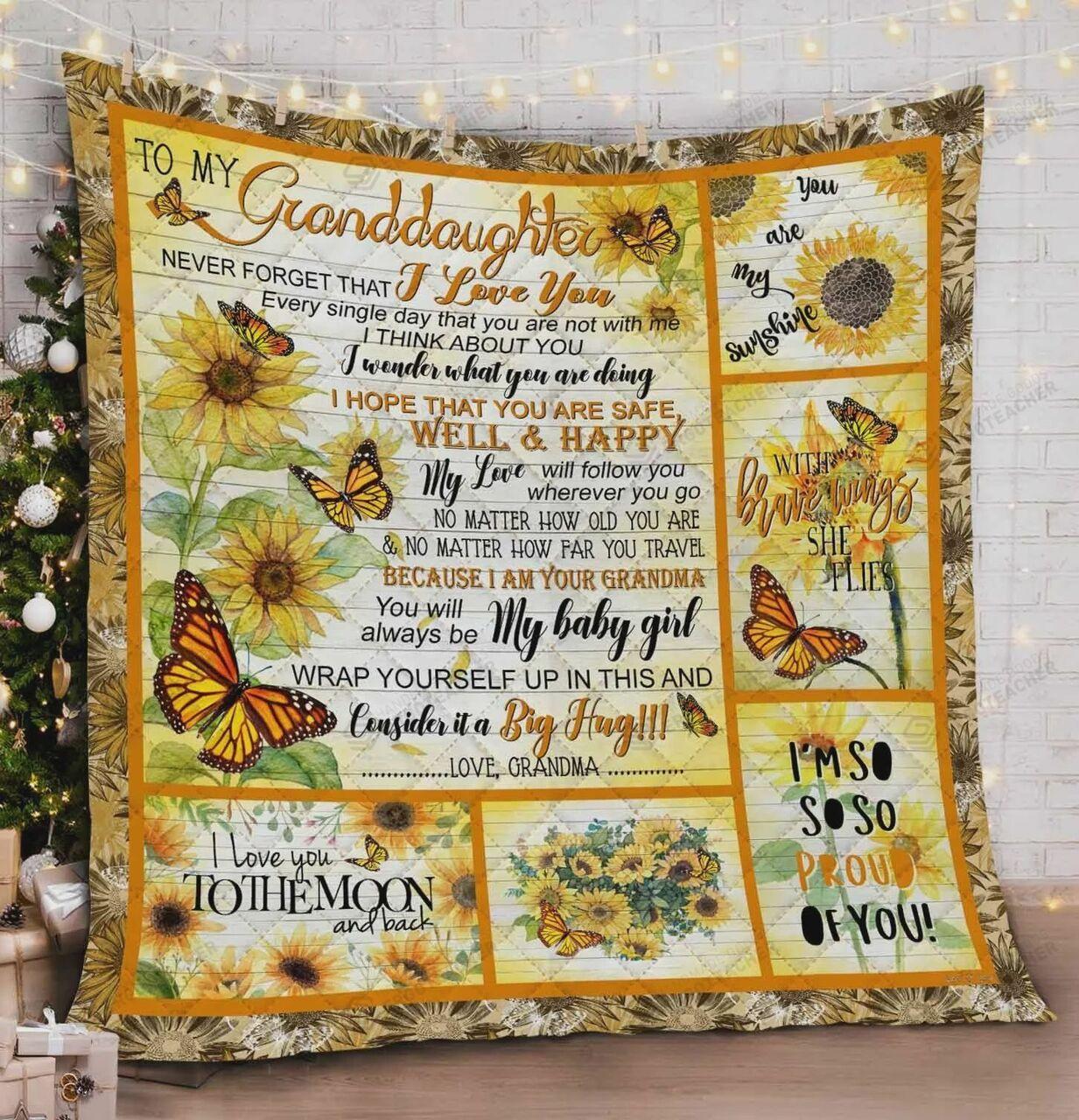 Personalized Sunflower Butterfly To My Granddaughter Quilt Blanket From Grandma I Love You To The Moon And Back Great Customized Blanket Gifts For Birthday Christmas Thanksgiving and Home Decor