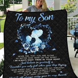 Personalized To My Son Quilt Blanket I Will Always Carry You In My Heart Great Customized Blanket Gifts For Birthday Christmas Thanksgiving and Home Decor