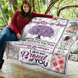 Personalized Tree Family To My Daughter-In-Law Quilt Blanket From Mom Love You To The Moon And Back Great Customized Blanket Gifts For Birthday Christmas Thanksgiving and Home Decor
