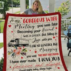Personalized Trucker To My Gorgeous Wife Quilt Blanket From Husband I Love You Forever And Always Great Customized Blanket Gifts For Birthday Christmas Thanksgiving and Home Decor