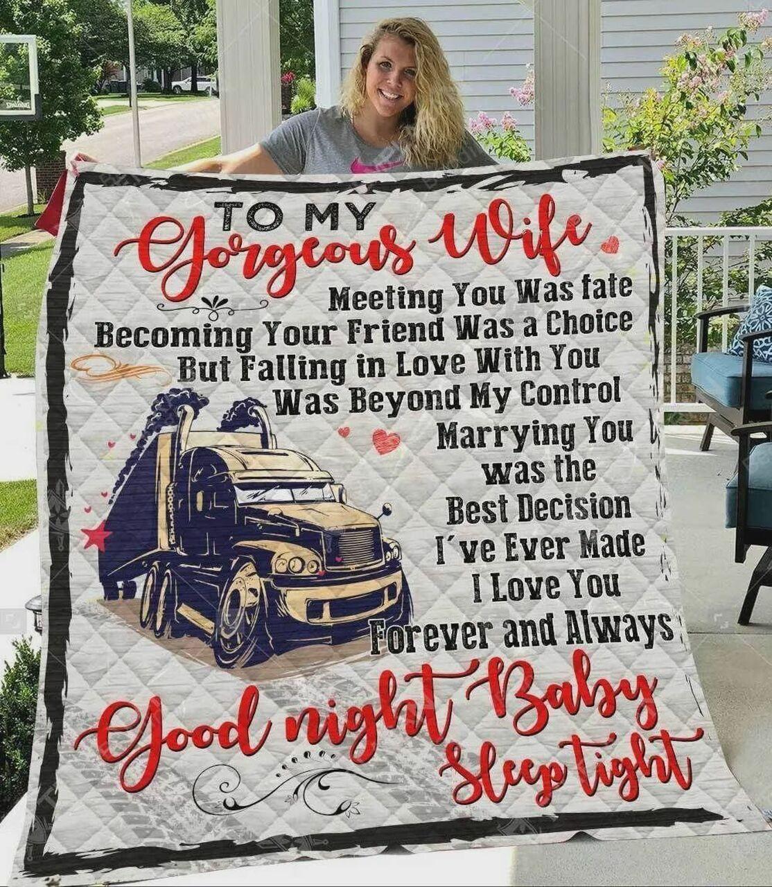 Personalized TruckerS Family To My Gorgeous Wife Quilt Blanket Marrying You Is The Best Decision Great Customized Blanket Gifts For Birthday Christmas Thanksgiving and Home Decor