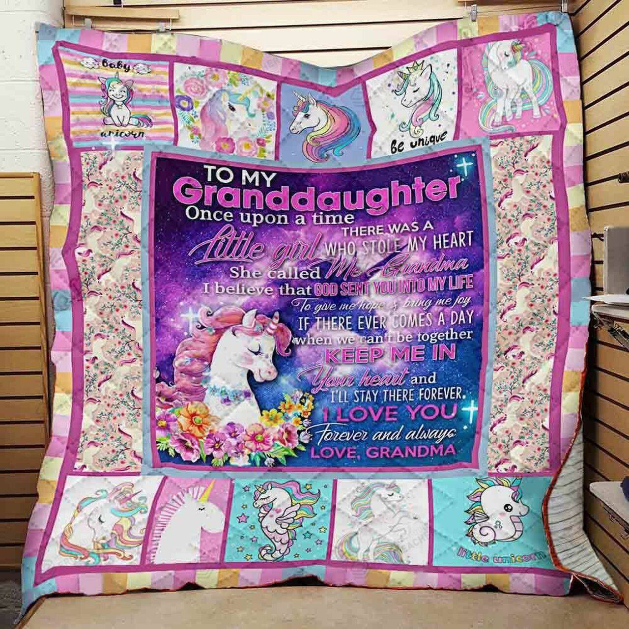 Personalized Unicorn To My Granddaughter From Grandma Once Upon A Time Quilt Blanket Great Customized Gifts For Birthday Christmas Thanksgiving and Home Decor