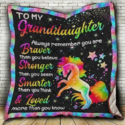 Personalized Unicorn To My Granddaughter Quilt Blanket Always Remember You Are Braver Than You Believe Great Customized Blanket Gifts For Birthday Christmas Thanksgiving and Home Decor
