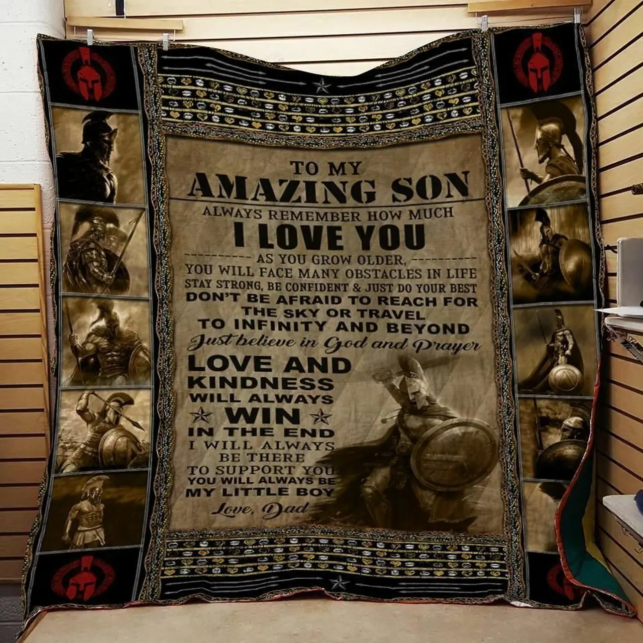Personalized Warrior To My Amazing Son From Dad Always Remember How Much I Love You Quilt Blanket Great Customized Gifts For Birthday Christmas Thanksgiving and Home Decor