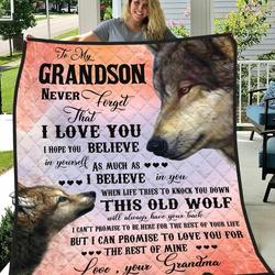 Personalized Wolf Family To My Grandson Quilt Blanket From Grandma I Cant Promise To Be Here For The Rest Of Your Life Great Customized Blanket Gifts For Birthday Christmas Thanksgiving and Home Decor