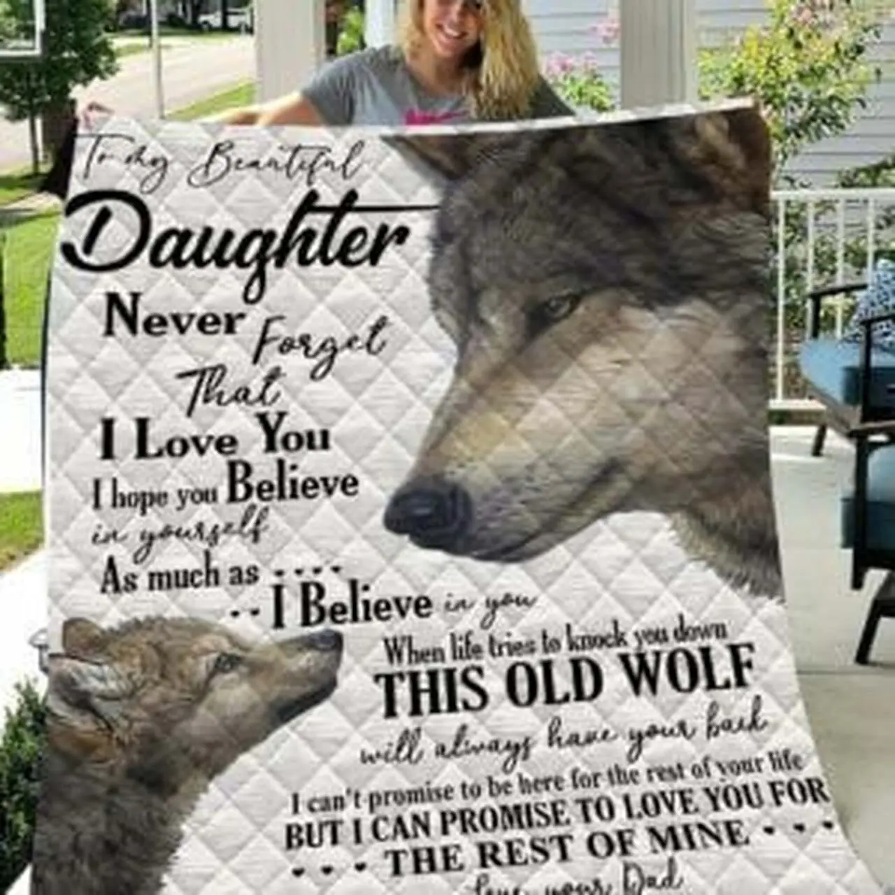 Personalized Wolf To My Daughter From Dad Never Forget That I Love You Quilt Blanket Great Customized Gifts For Birthday Christmas Thanksgiving and Home Decor