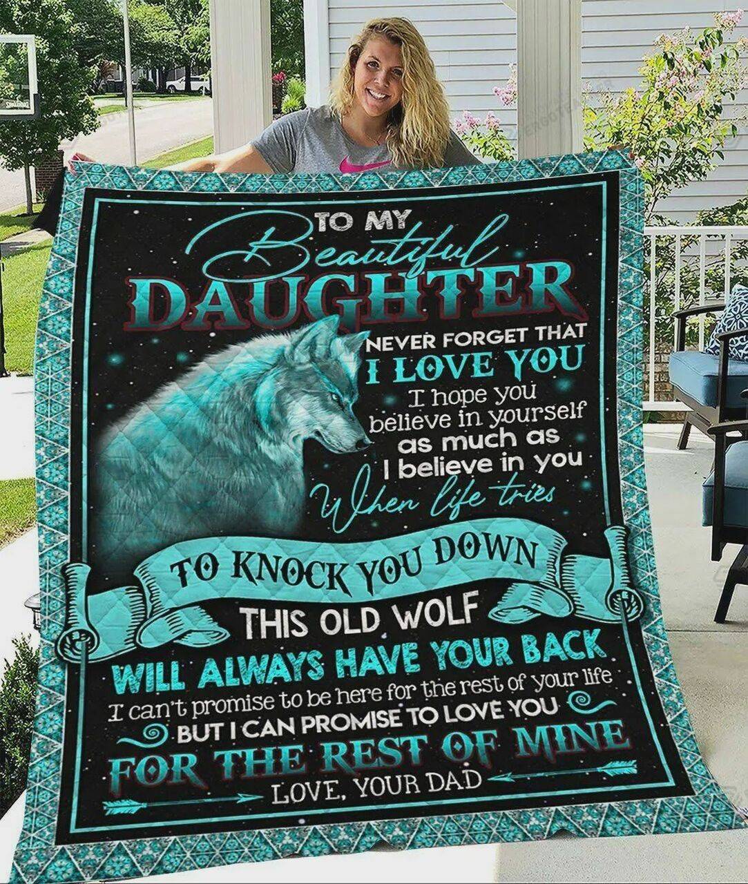 Personalized Wolf To My Daughter Quilt Blanket From Dad Never Forget That I Love You Great Customized Blanket Gifts For Birthday Christmas Thanksgiving and Home Decor