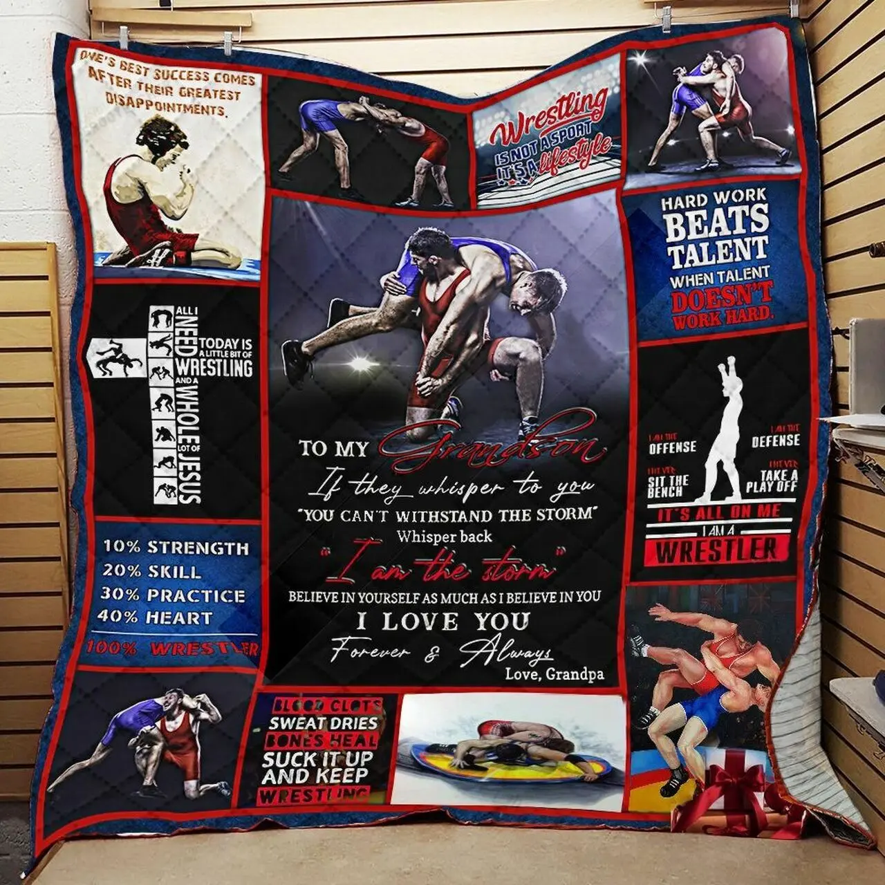 Personalized Wrestling To My Grandson From Grandpa If They Whisper To You Quilt Blanket Great Customized Gifts For Birthday Christmas Thanksgiving and Home Decor