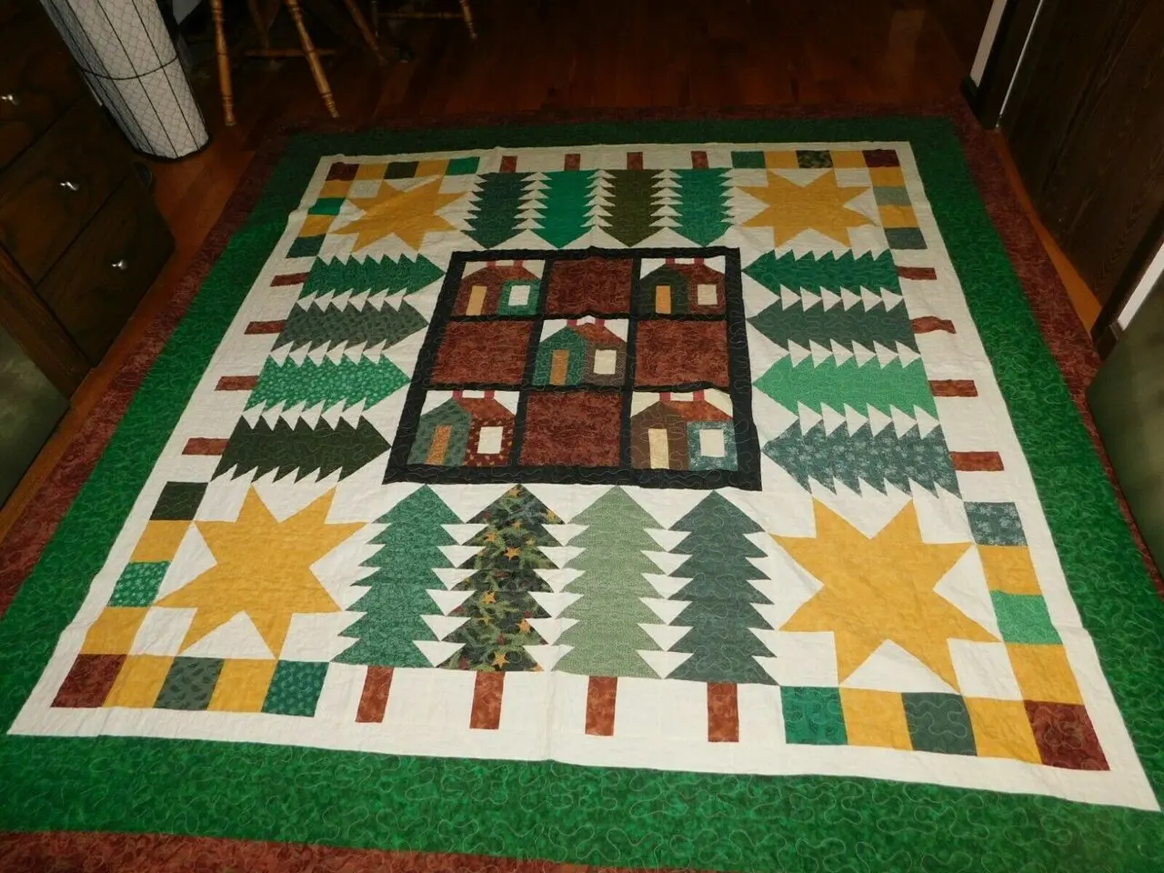 Pine Trees Cabins Stars Quilt Tdhmk and Home Decor