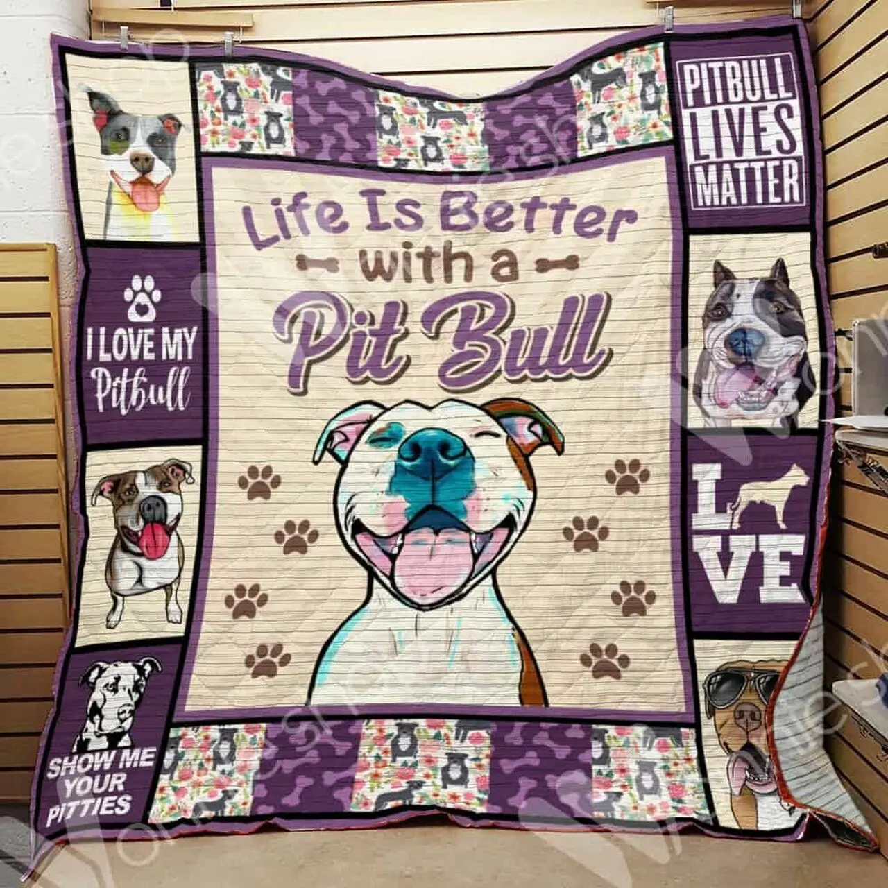 Pitbull Dog Quilt Mra and Home Decor