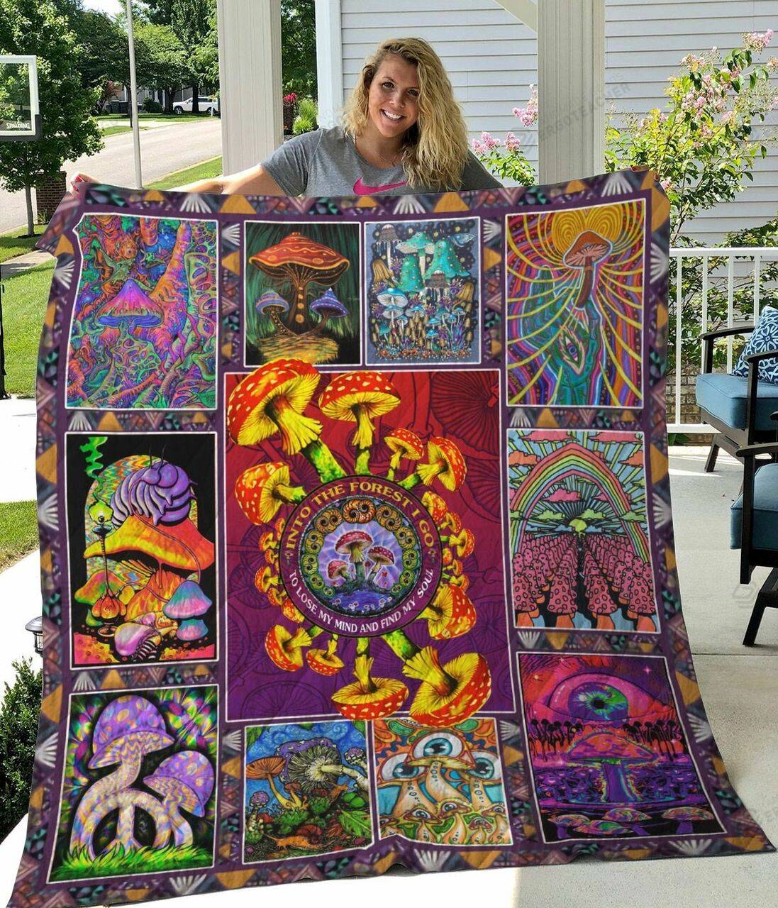 Psychedelic Trippy Mushroom Into The Forest I Go To Lose My Mind And Find My Soul Quilt Blanket Great Customized Blanket Gifts For Birthday Christmas Thanksgiving and Home Decor
