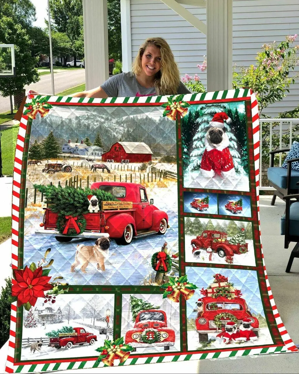 Pug Dog Merry Christmas Quilt Tdhoa and Home Decor