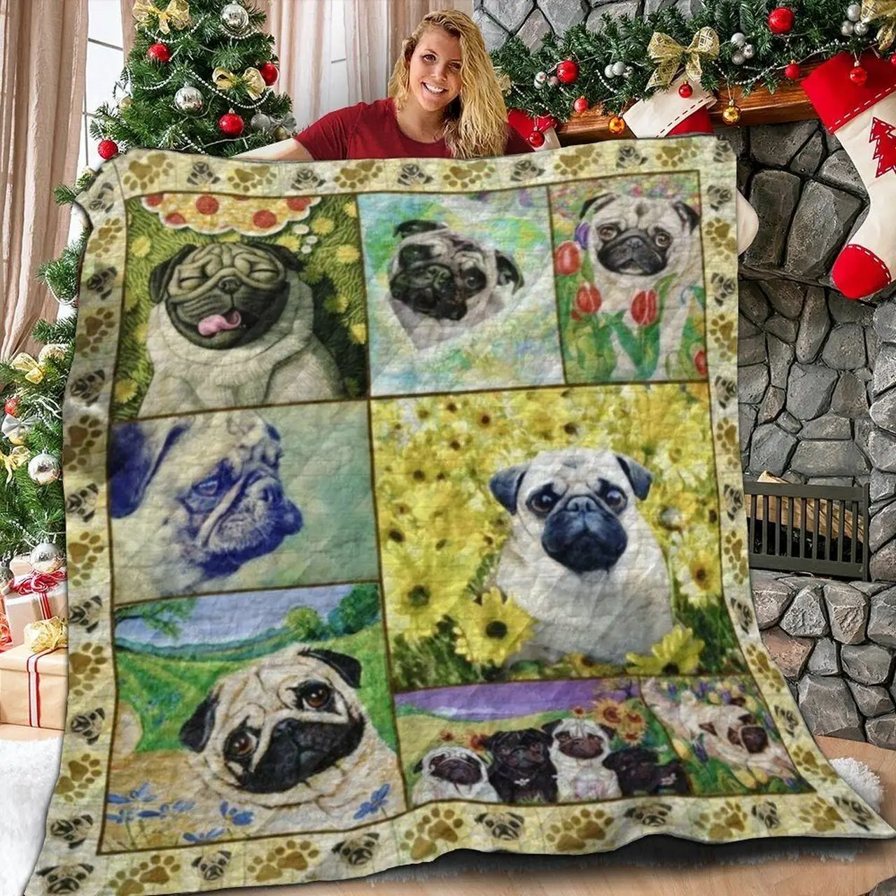 Pug Flowers Epilogue X2412 3D Customized Quilt and Home Decor