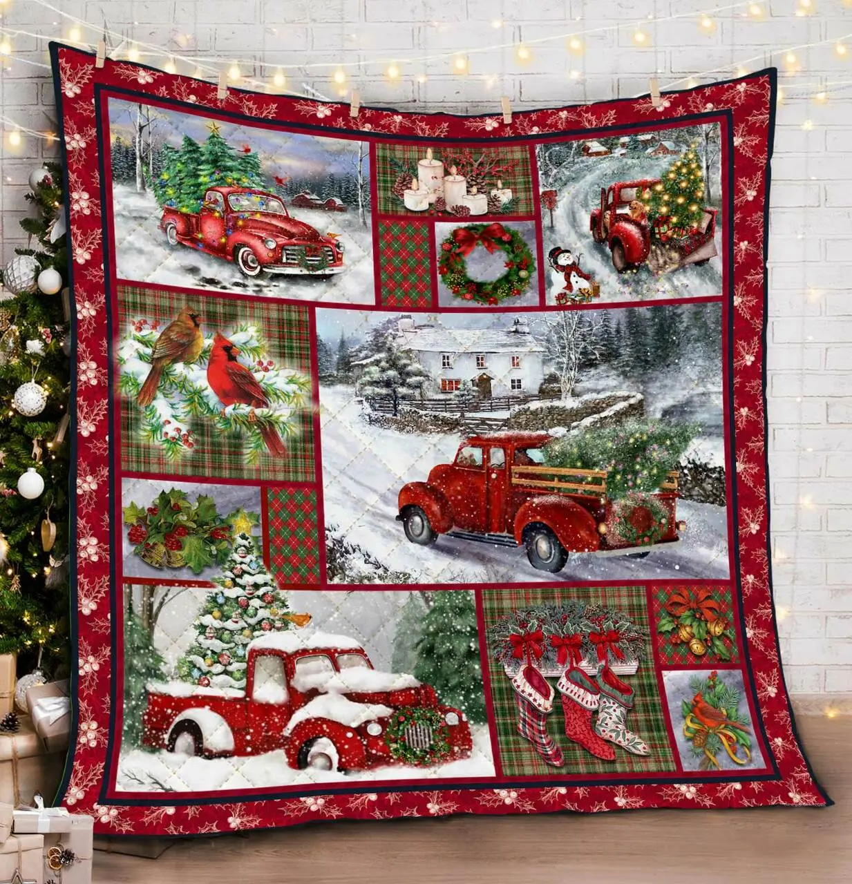 Red Christmas Truck Quilt Blanket and Home Decor