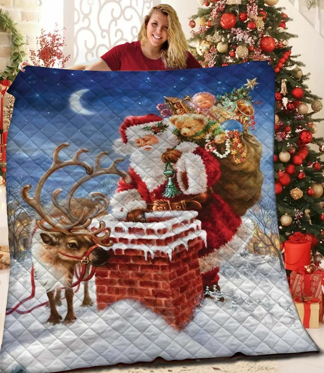 Santa Claus And Reindeer JFJ12229 3D Customized Quilt 2707 and Home Decor