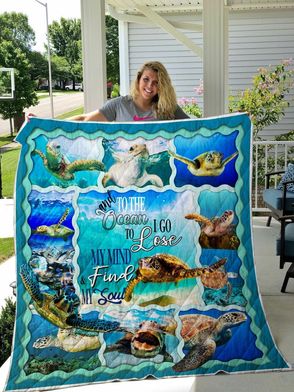 Sea Turtle And Into The Ocean I Go To Lose My Mind And Find My Soul Quilt Blanket Great Customized Blanket Gifts For Birthday Christmas Thanksgiving and Home Decor