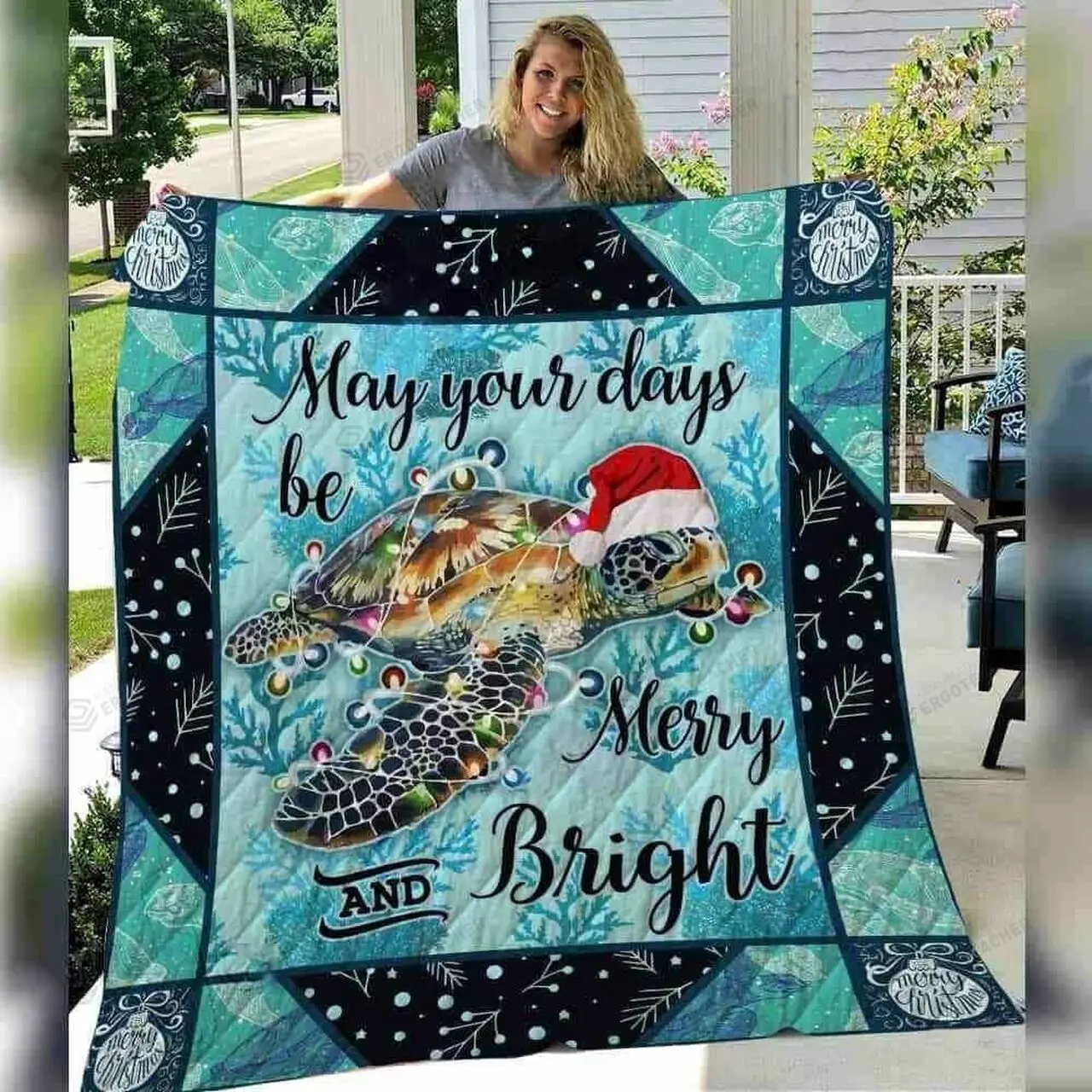 Sea Turtle Christmas May Your Day Be Merry And Bright Quilt Blanket Great Customized Blanket Gifts For Birthday Christmas Thanksgiving and Home Decor