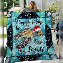 Sea Turtle Christmas May Your Day Be Merry And Bright Quilt Blanket Great Customized Blanket Gifts For Birthday Christmas Thanksgiving and Home Decor