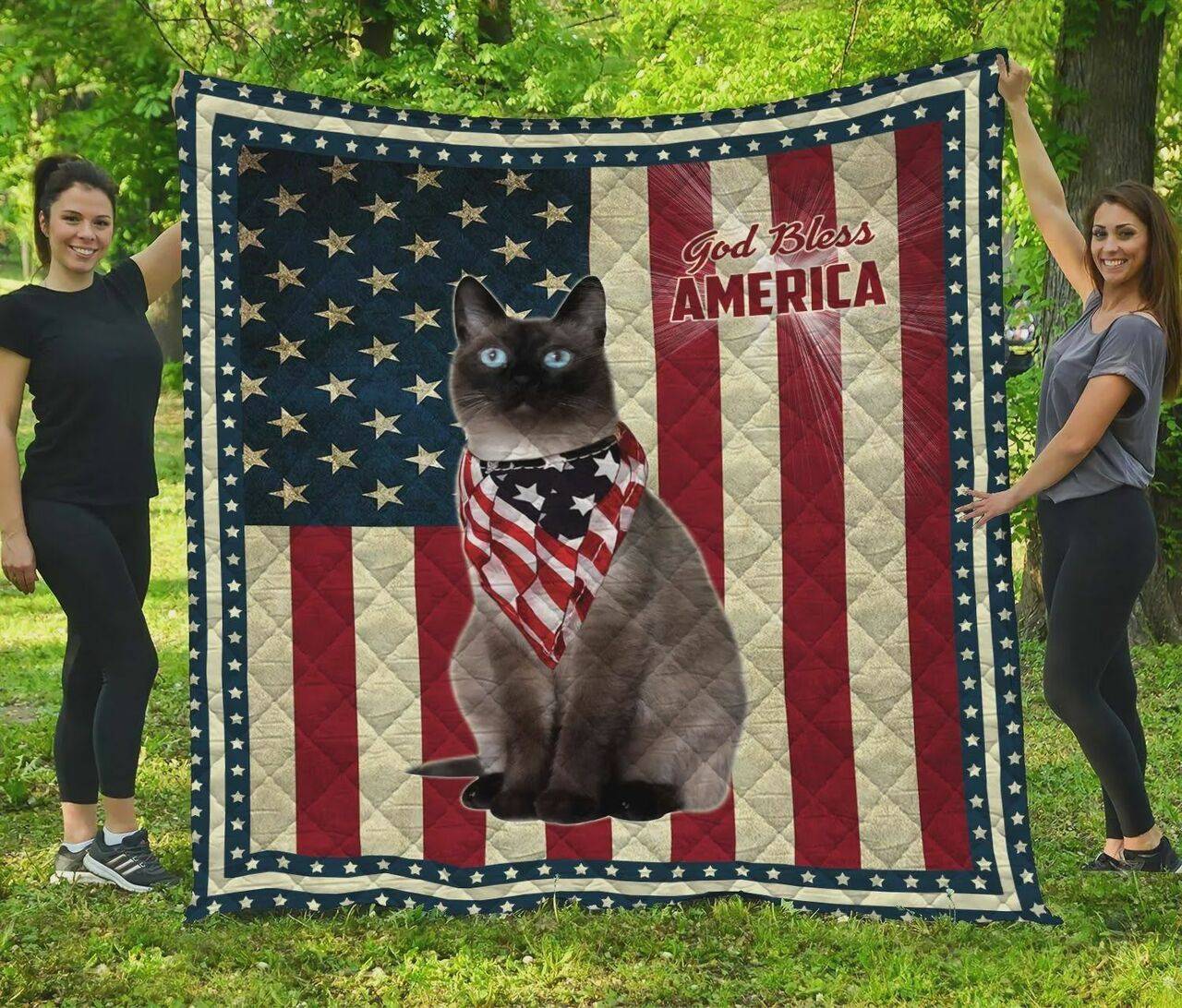 Siamese Cat God Bless America Quilt Blanket Great Customized Gifts For Birthday Christmas Thanksgiving and Home Decor
