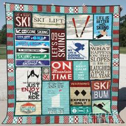 Ski Blue Keep Calm And Ski On Quilt Blanket Great Customized Blanket Gifts For Birthday Christmas Thanksgiving and Home Decor