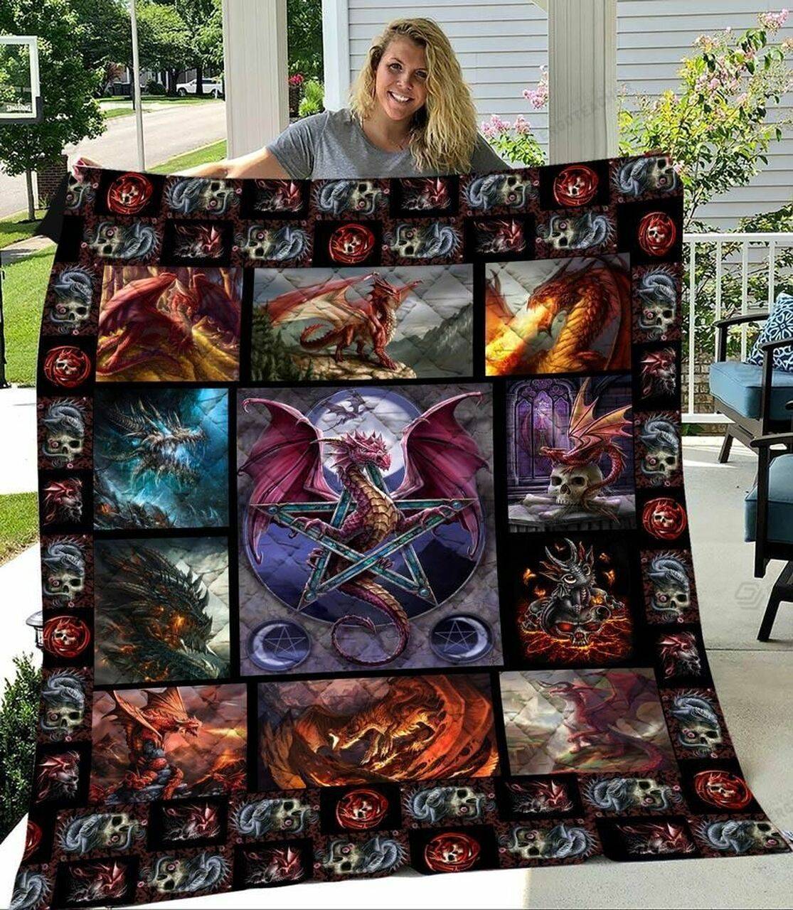 Skull Dragon Quilt Blanket Great Customized Blanket Gifts For Birthday Christmas Thanksgiving and Home Decor