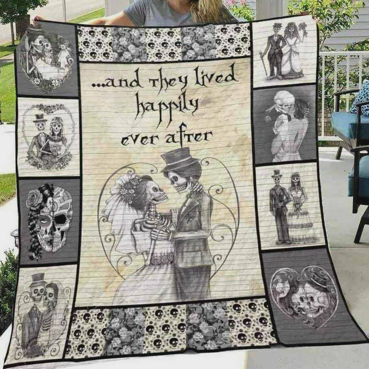 Skull Husband And Wife And They Lived Happily Ever After Quilt Blanket Great Customized Blanket Gifts For Birthday Christmas Thanksgiving and Home Decor